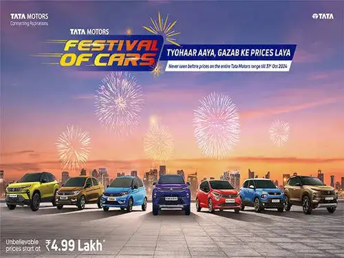 Tata Motors has launched its 'Festival of Cars' with price reductions up to Rs 2.05 lakh on popular models like Tiago, Altroz, Nexon, Harrier, and Safari. The offers are available until October 31, 2024, and include attractive exchange and cash benefits for petrol, diesel, and CNG vehicles.